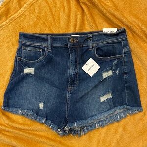 Sneak Peek High Rise Distressed Jean Shorts - Dark Blue